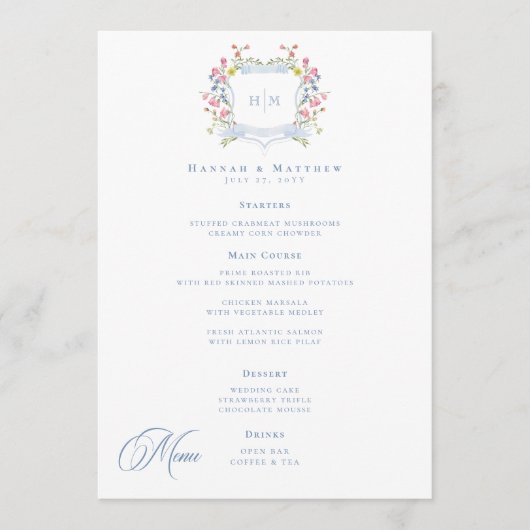 Elegant Dusty Blue Pastel Wildflower Crest Wedding メニュー (正面)