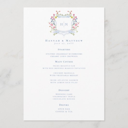 Elegant Dusty Blue Pastel Wildflower Crest Wedding メニュー (正面)