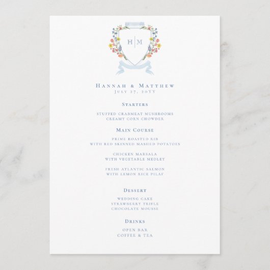 Elegant Dusty Blue Pastel Wildflower Crest Wedding メニュー (正面)