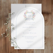 Elegant Dusty Blue Pastel Wildflower Crest Wedding 招待状