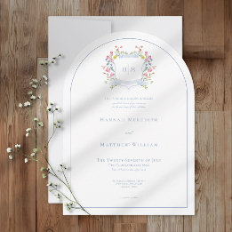 Elegant Dusty Blue Pastel Wildflower Crest Wedding 招待状