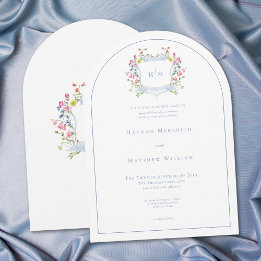Elegant Dusty Blue Pastel Wildflower Crest Wedding 招待状