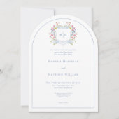 Elegant Dusty Blue Pastel Wildflower Crest Wedding 招待状 (正面)