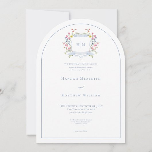 Elegant Dusty Blue Pastel Wildflower Crest Wedding 招待状 (正面)