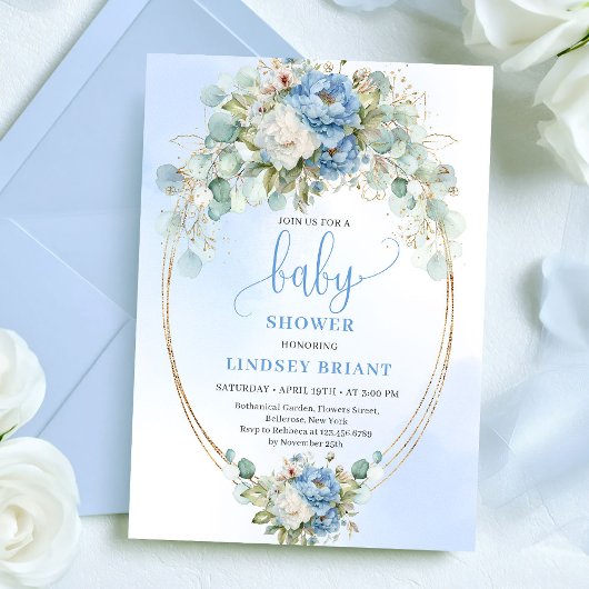 Elegant Dusty Blue Peonies Baby Shower Gold Invite 招待状