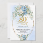 Elegant Dusty Blue Peonies Gold Boho 80th Birthday 招待状 (正面)