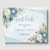 Elegant Dusty Blue Peonies Gold Wedding Guest Book ゲストブック (正面)
