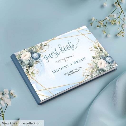 Elegant Dusty Blue Peonies Gold Wedding Guest Book ゲストブック