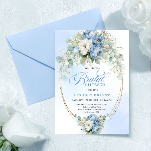 Elegant Dusty Blue Peony Gold Bridal Shower Invite 招待状