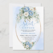 Elegant Dusty Blue Peony Gold Sweet Sixteen Invite 招待状 (正面)