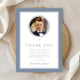 Elegant Dusty Blue Photo Boy First Communion サンキューカード