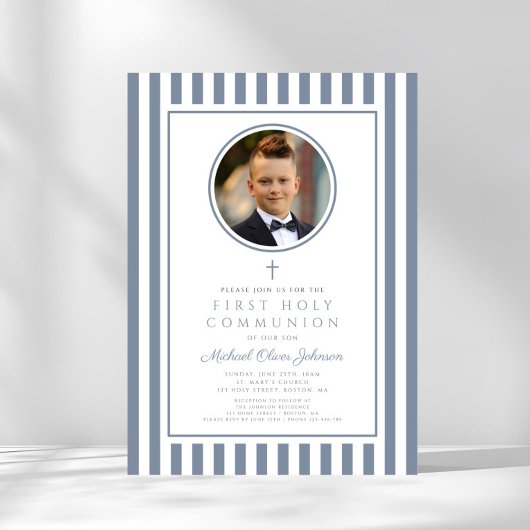 Elegant Dusty Blue Photo Boy First Communion 招待状