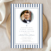 Elegant Dusty Blue Photo Boy First Communion 招待状