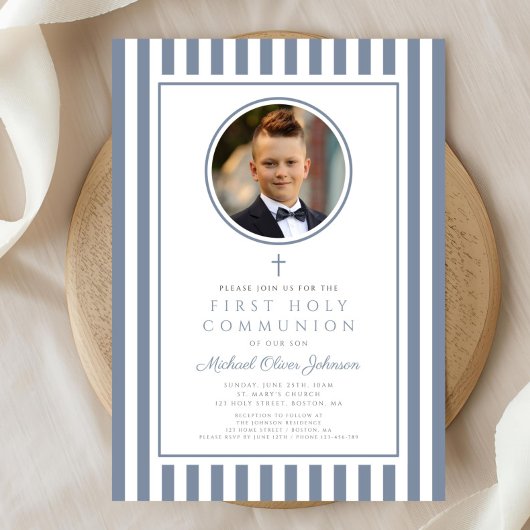 Elegant Dusty Blue Photo Boy First Communion 招待状