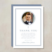 Elegant Dusty Blue Photo Boy First Holy Communion サンキューカード