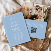 Elegant Dusty Blue Photo QR Code Wedding 招待状
