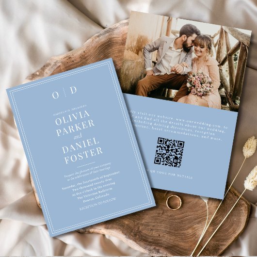 Elegant Dusty Blue Photo QR Code Wedding 招待状