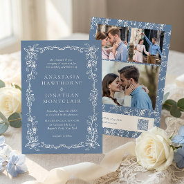 Elegant Dusty Blue Photo Vintage Wedding 招待状