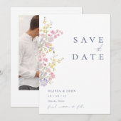 Elegant Dusty Blue Photo Wildflowers Wedding セーブザデート (正面/裏面)