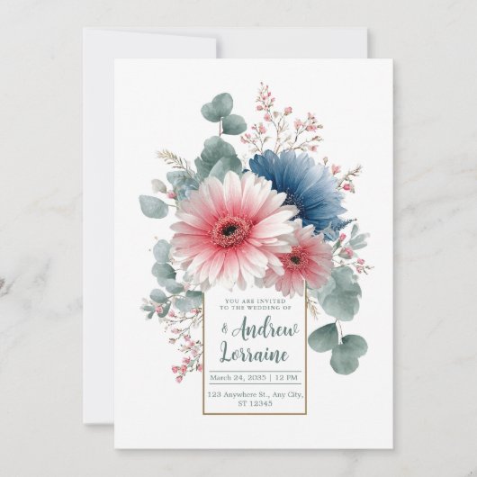 Elegant Dusty Blue Pink Gerbera Daisy Gold Frame 招待状 (正面)