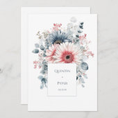 Elegant Dusty Blue Pink Gerbera Daisy Watercolor 招待状 (正面/裏面)