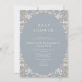Elegant Dusty Blue QR Code Wildflower Baby Shower 招待状 (正面)