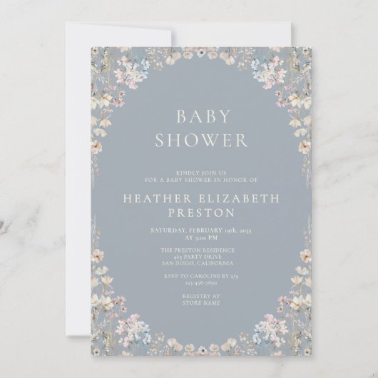 Elegant Dusty Blue QR Code Wildflower Baby Shower 招待状 (正面)