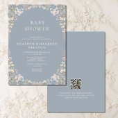 Elegant Dusty Blue QR Code Wildflower Baby Shower 招待状