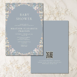 Elegant Dusty Blue QR Code Wildflower Baby Shower  招待状