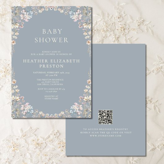 Elegant Dusty Blue QR Code Wildflower Baby Shower 招待状