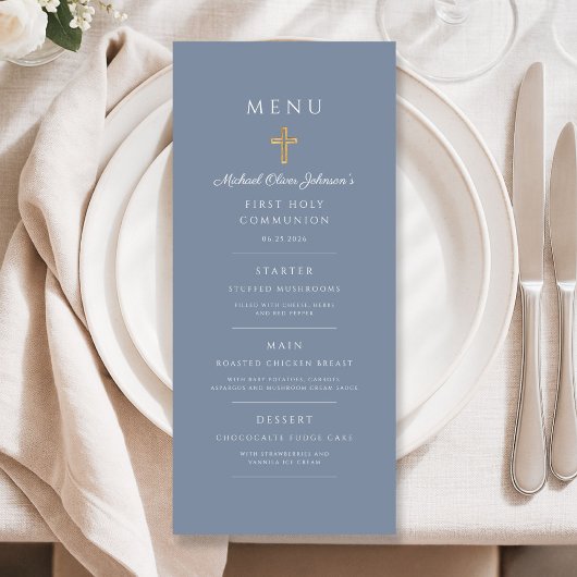 Elegant Dusty Blue Religious Cross First Communion メニュー