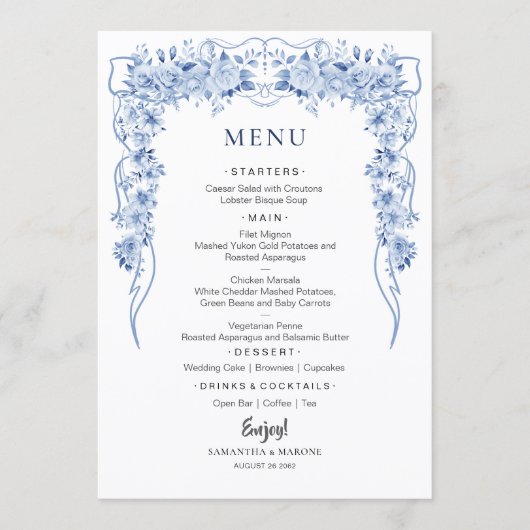 Elegant Dusty Blue Roses Bow Wedding Menu  メニュー (正面)