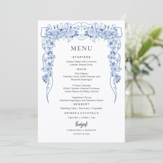 Elegant Dusty Blue Roses Bow Wedding Menu  メニュー (スタンド正面)