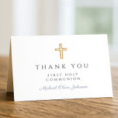 Elegant Dusty Blue Script Boy First Communion  サンキューカード