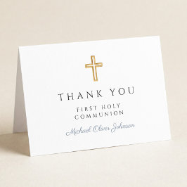Elegant Dusty Blue Script Boy First Communion サンキューカード