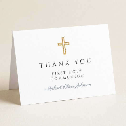 Elegant Dusty Blue Script Boy First Communion  サンキューカード
