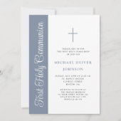 Elegant Dusty Blue Script Boy First Communion Invi 招待状 (正面)