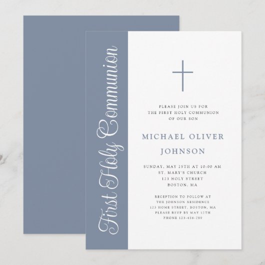 Elegant Dusty Blue Script Boy First Communion Invi 招待状 (正面/裏面)