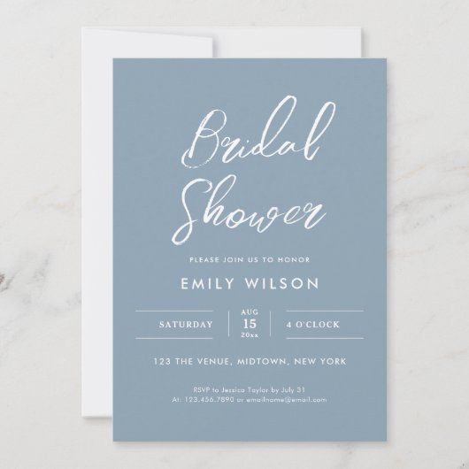 Elegant Dusty Blue Script Typography Bridal Shower 招待状 (正面)