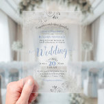 Elegant Dusty Blue & Silver Calligraphy Wedding アクリル招待状<br><div class="desc">These beautiful acrylic wedding invitations feature a design that is elegant,  classy,  stylish,  and glam with fancy dusty blue script calligraphy and delicate silver curls and swirls in the corners. Wonderful way to create a lasting impression and invite your guests to share in your joy on your special day!</div>