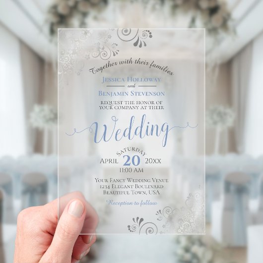 Elegant Dusty Blue & Silver Calligraphy Wedding アクリル招待状