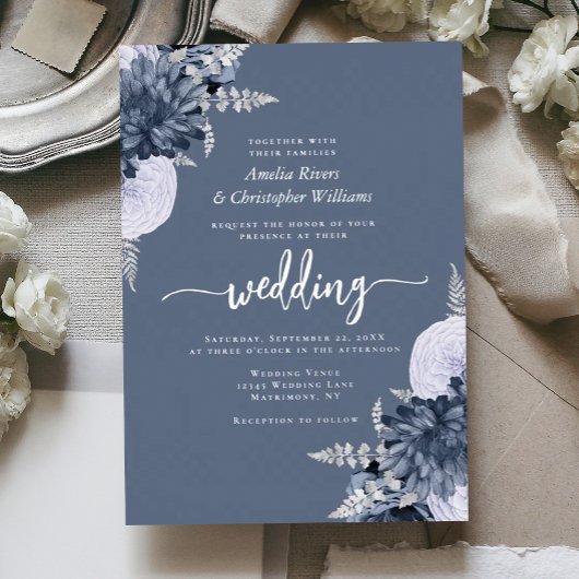 Elegant Dusty Blue Silver Floral Wedding 箔招待状