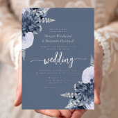 Elegant Dusty Blue Silver Floral Wedding 箔招待状