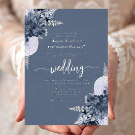 Elegant Dusty Blue Silver Floral Wedding 箔招待状