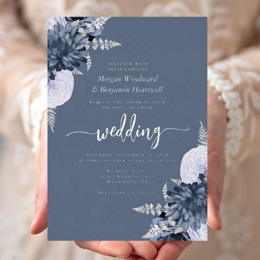 Elegant Dusty Blue Silver Floral Wedding 箔招待状