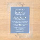 Elegant Dusty Blue & Silver Stylish Text Wedding アクリル招待状 (正面)