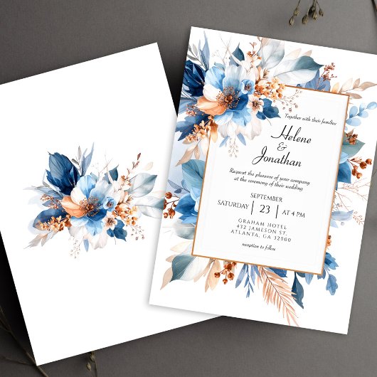 Elegant Dusty Blue Silver Terracotta Boho Wedding 招待状