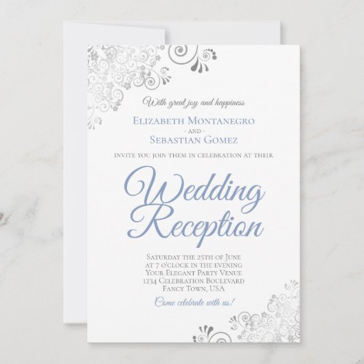 Elegant Dusty Blue & Silver Wedding Reception 招待状 (正面)