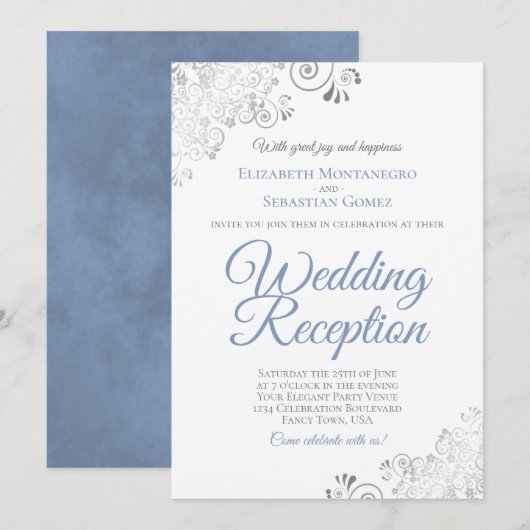 Elegant Dusty Blue & Silver Wedding Reception 招待状 (正面/裏面)