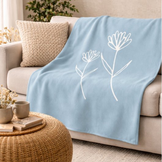 Elegant Dusty Blue Simple Flower フリースブランケット